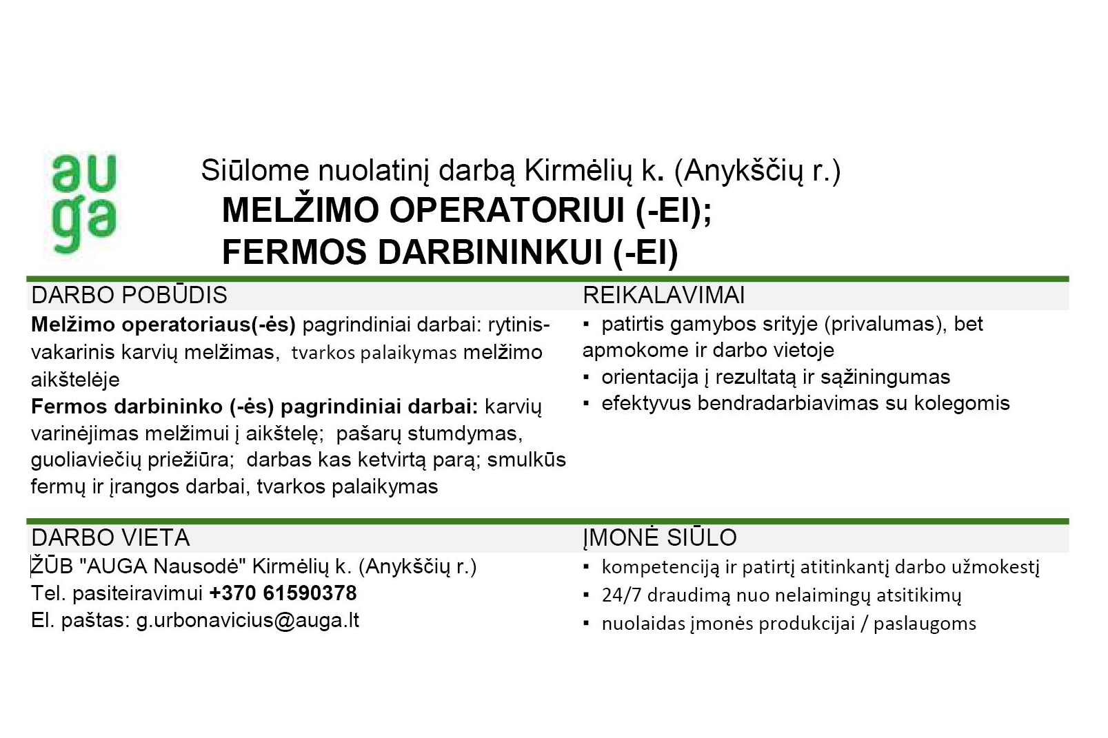Siūlo nuolatinį darbą